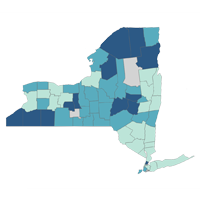 Map of New York State with counties colored in varying shades of blue. 