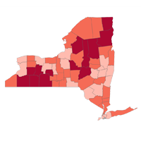 Map of New York State with counties colored in varying shades of red. 