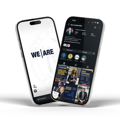Two phones side-by-side. One displays the We Are logo. The other shows the Office of the New York State Comptroller Instagram profile featuring posts about staff, careers, and community.