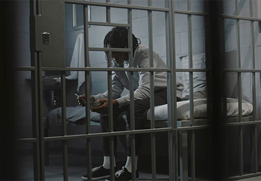 Juvenile sitting on a bed behind bars