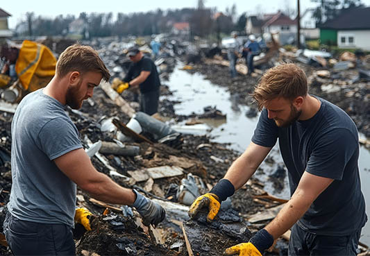 volunteers cleaning up debris after natural disaster in residential area