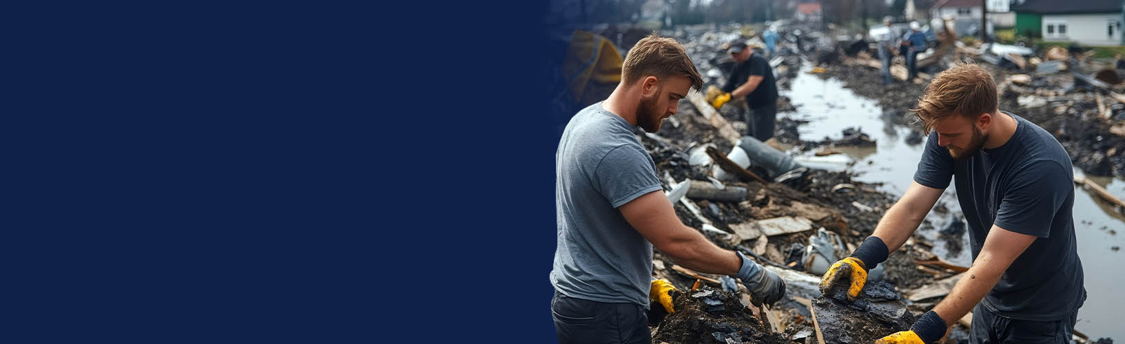 volunteers cleaning up debris after natural disaster in residential area