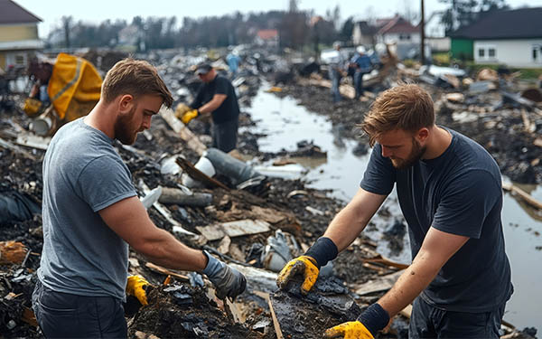volunteers cleaning up debris after natural disaster in residential area