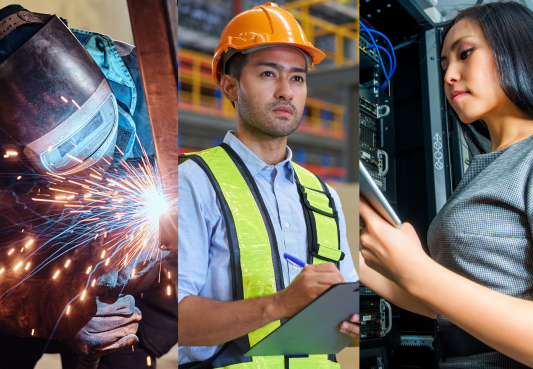 collage of a welder with sparks flying, a construction laborer looking at a clipboard, and a software engineer in a server room