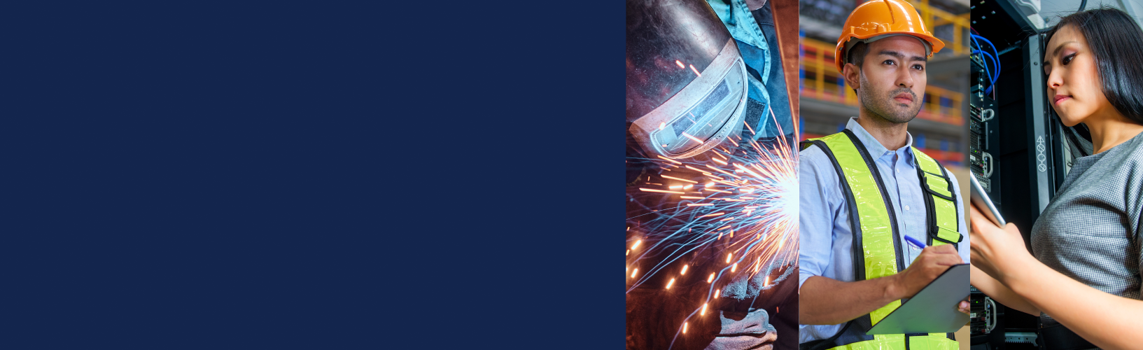 collage of a welder with sparks flying, a construction laborer looking at a clipboard, and a software engineer in a server room