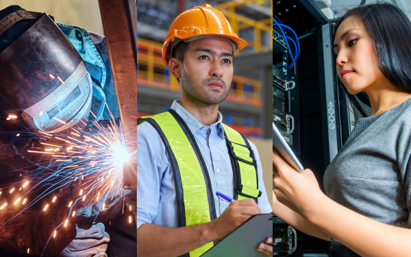 collage of a welder with sparks flying, a construction laborer looking at a clipboard, and a software engineer in a server room
