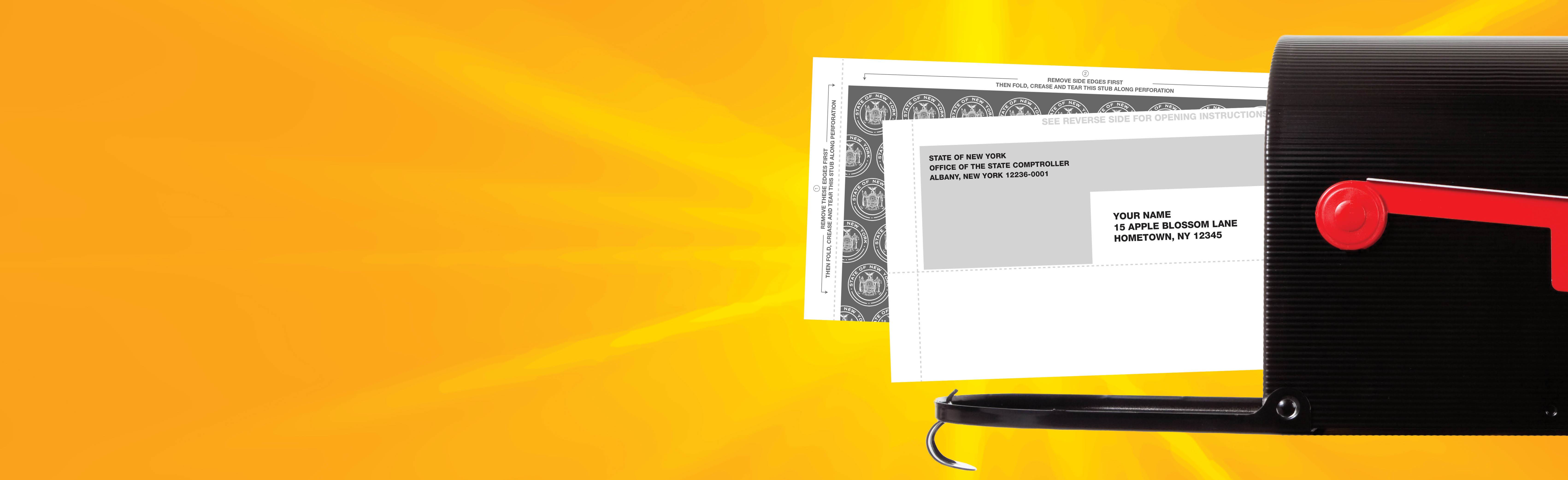 photo illustration of a check from unclaimed funds sliding out of a mailbox