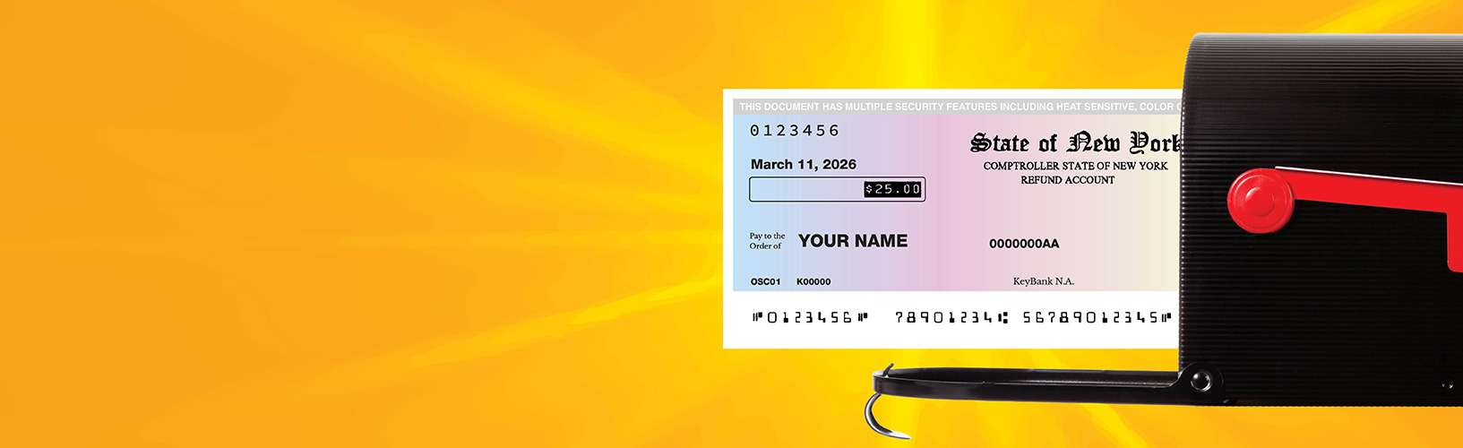 photo illustration of a check from unclaimed funds sliding out of a mailbox