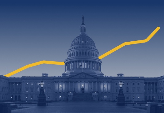 The United States Congressional building with a upward line graph in the background