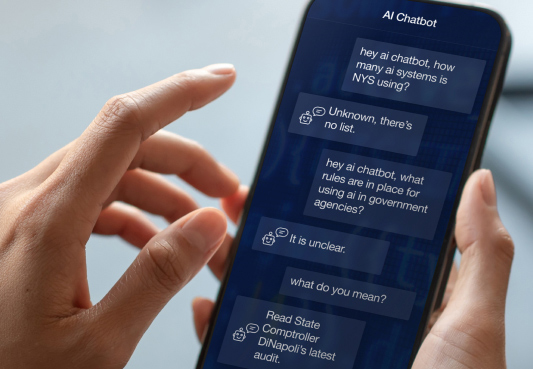 cell phone with an artificial intelligence text exchange regarding the new york state comptroller’s audit on artificial intelligence