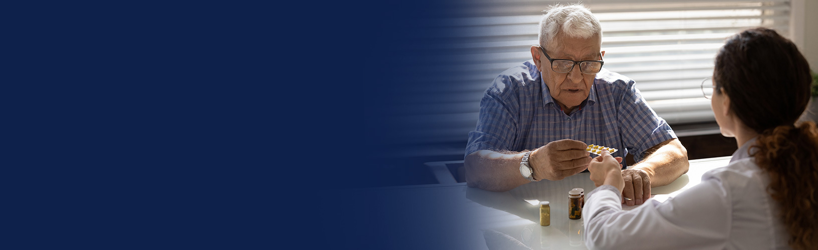 confused older adult patient taking pills from mental health doctor