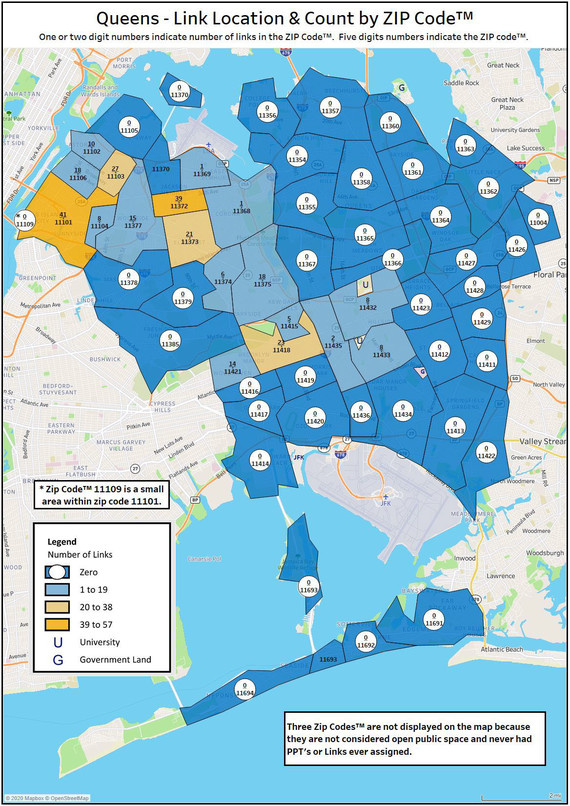 Queens Link location and count by Zip Code.