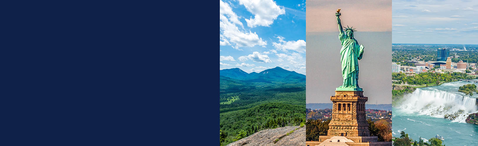 collage of three images showing new york states adirondack mountains, the statue of liberty, and niagara falls