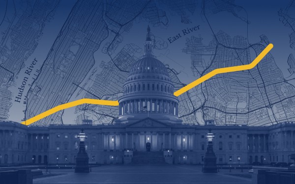 Graphic illustration that includes a map of New York City in the background, an image of the U.S. Capital in the foreground and a graph trending upwards