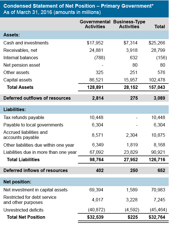 Condensed Statement of Net Position - Primary Government