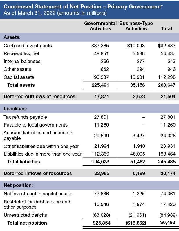 Table of Condensed Statement of Net Position - Primary Government