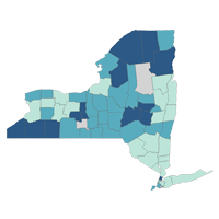 Map of New York State with counties colored in varying shades of blue. 