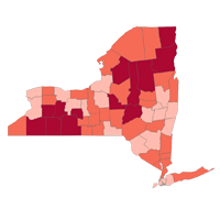 Map of New York State with counties colored in varying shades of red. 