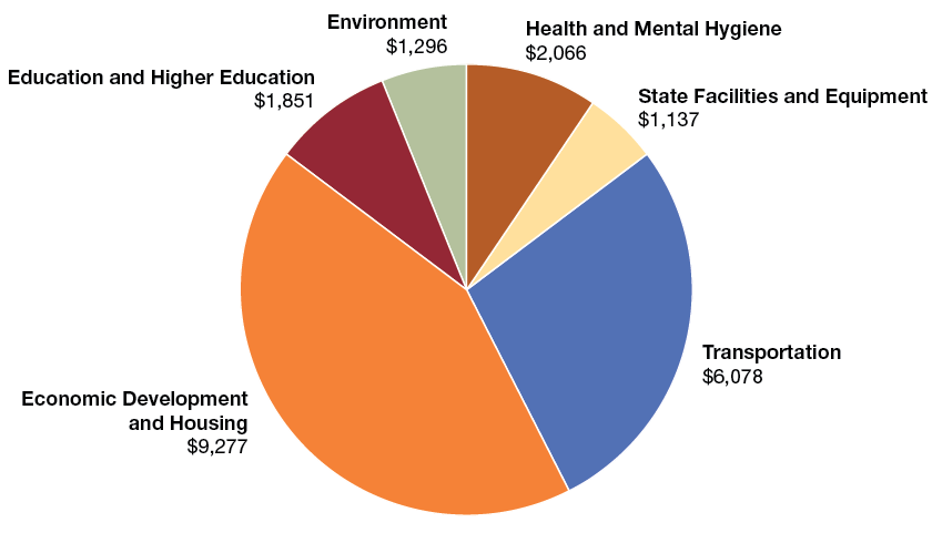 Pie chart showing the breakdown new debt authorizations by functional area.