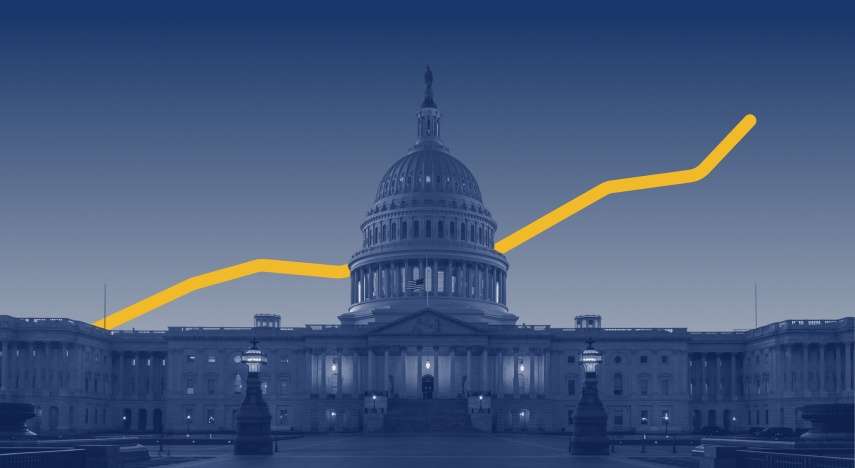 The United States Congressional building with a upward line graph in the background
