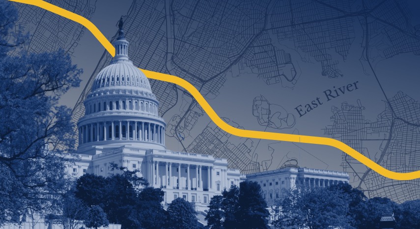 The United States Congressional building with a downward line graph in the background