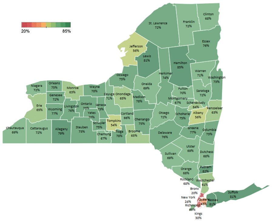 Map showing Homeownership Rates by County in New York in 2020