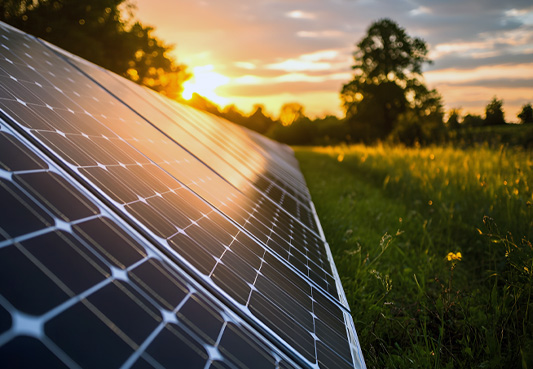 solar panels absorbing sunlight in a grassy field