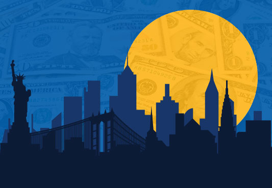 graphic of new york city skyline and statue of liberty with varying amounts of United States currency in paper dolls in the background