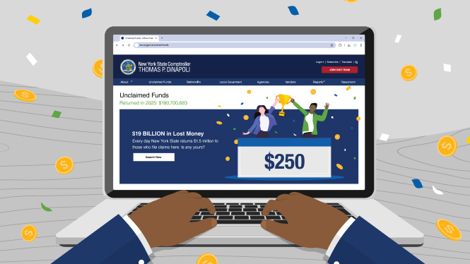 person with hands on laptop that shows a screenshot of the office of the new york state comptroller's unclaimed funds webpage