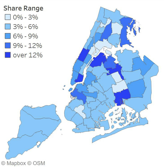 Map of Tourism Share of Employment by Neighborhood