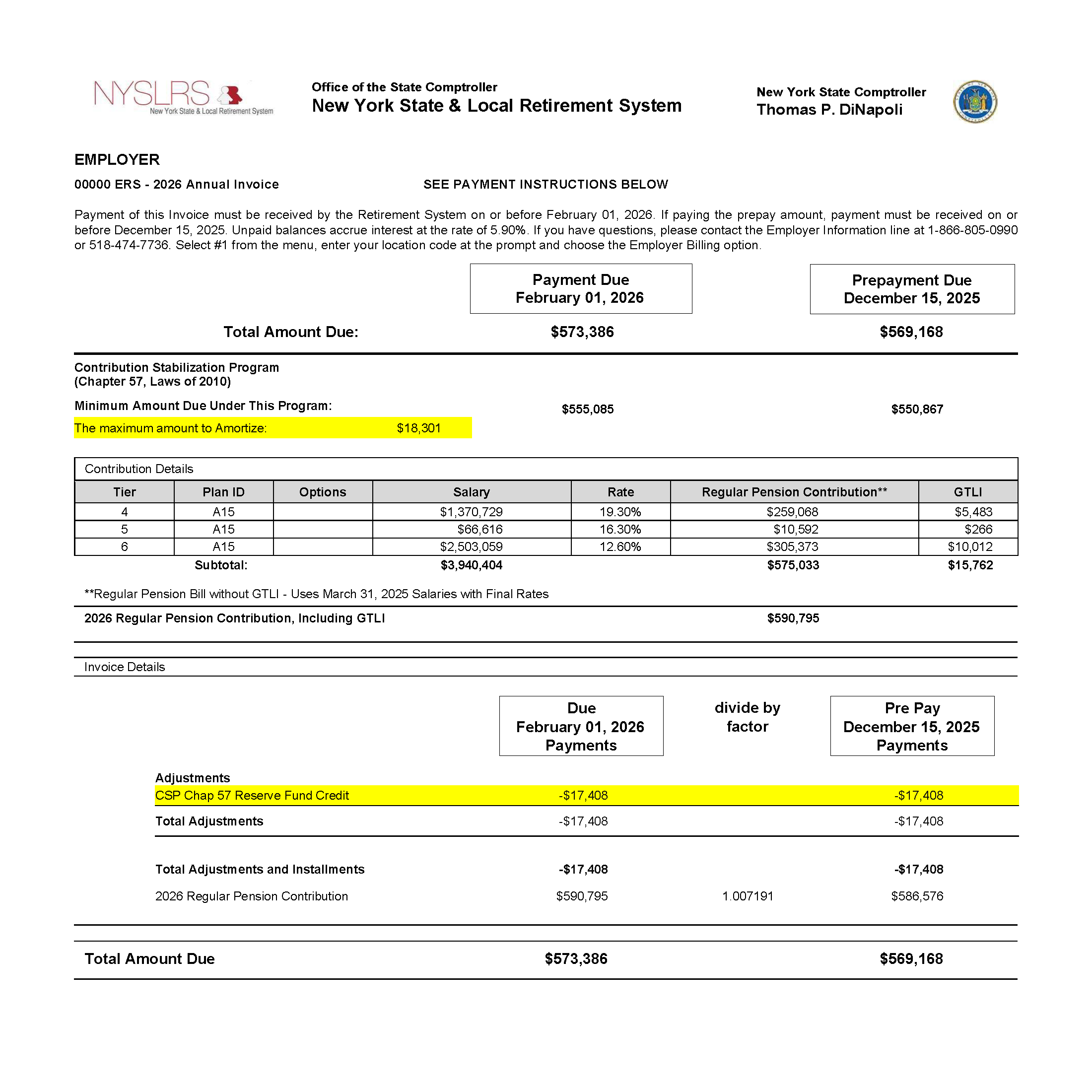 Sample Annual Invoice highlighting "The maximum amount of Amortize" and "CSP Chap 57 Reserve Fund Credit"