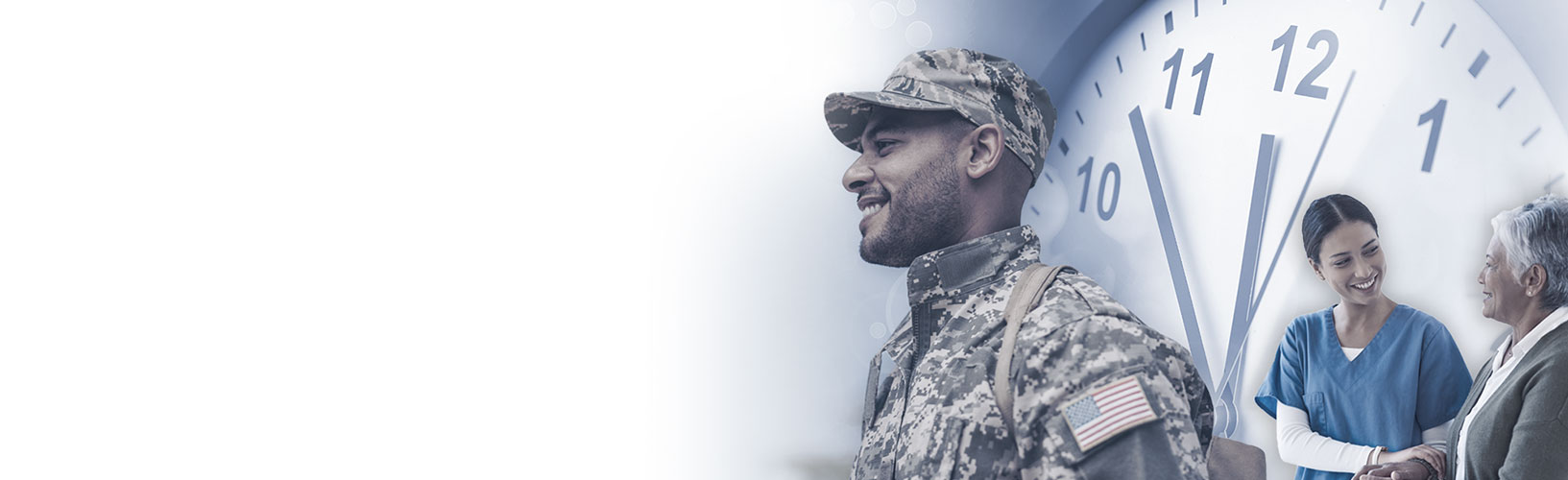 Military member and nurse overlaid over a clock