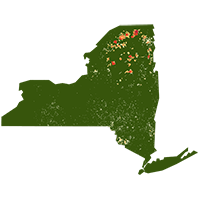 Map of New York State with counties colored in varying shades of red. 