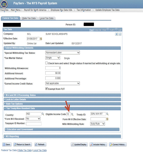 Image of PayServ NYS Payroll System - Federal Tax Data Page