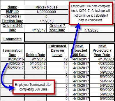 Clip of New Projected Dates calculations