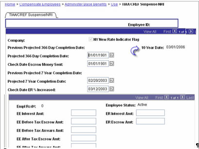 Clip of TIAA/CREF Suspense/NRI page with 10 year membership date field