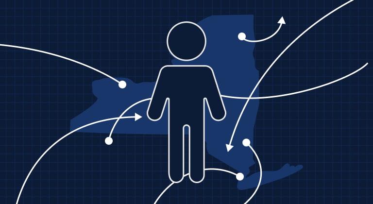 illustration showing arrows pointing in and out of new york state with an icon of a person above it