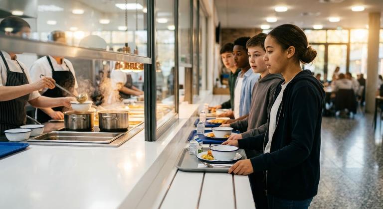 children standing in line to be served food in a school cafeteria