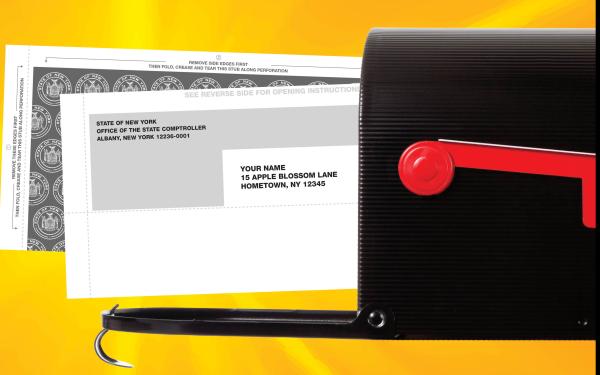 photo illustration of a check from unclaimed funds sliding out of a mailbox