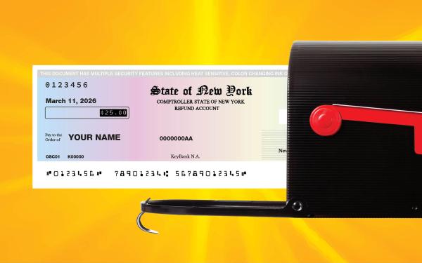 photo illustration of a check from unclaimed funds coming out of a mailbox