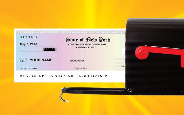 photo illustration of a check from unclaimed funds coming out of a mailbox