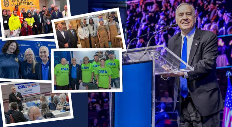 a collection of images featuring comptroller dinapoli and labor union employees from across new york state