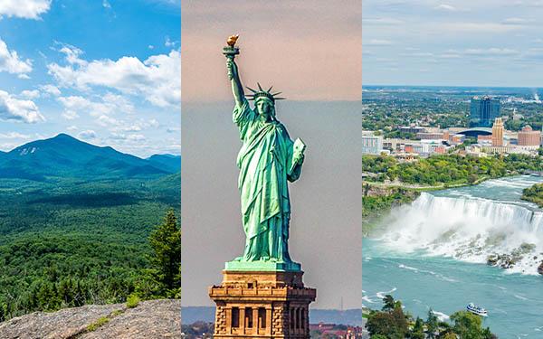collage of three images showing new york states adirondack mountains, the statue of liberty, and niagara falls