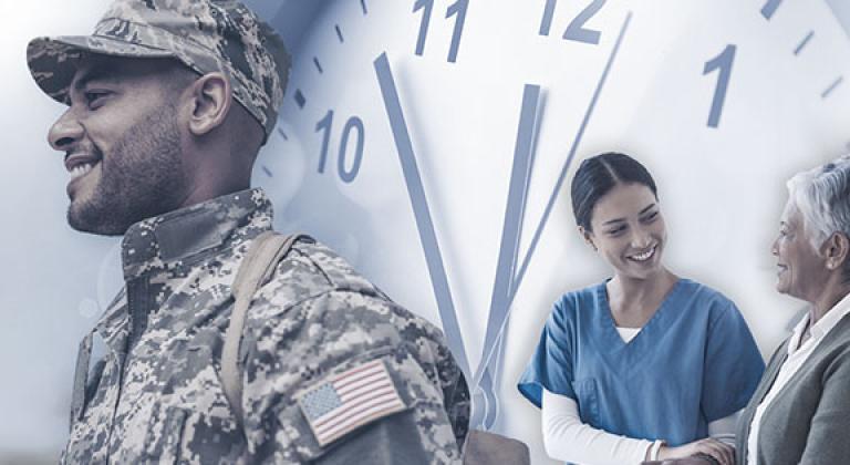 Military member and nurse overlaid over a clock