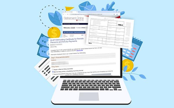 laptop with tax documents popping out