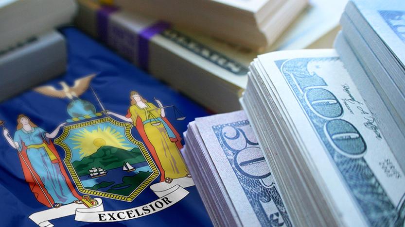 stacks of money next to Office of the New York State Comptroller seal