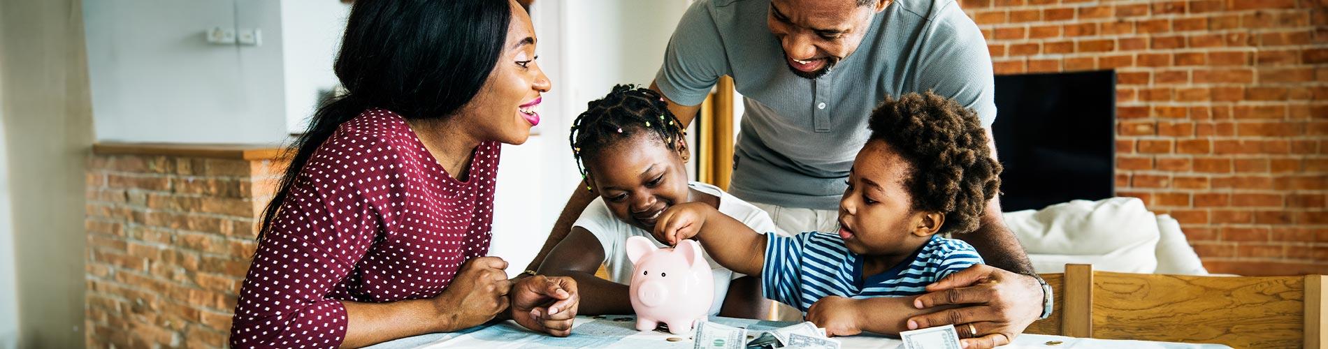 A family at a table discussing finances.