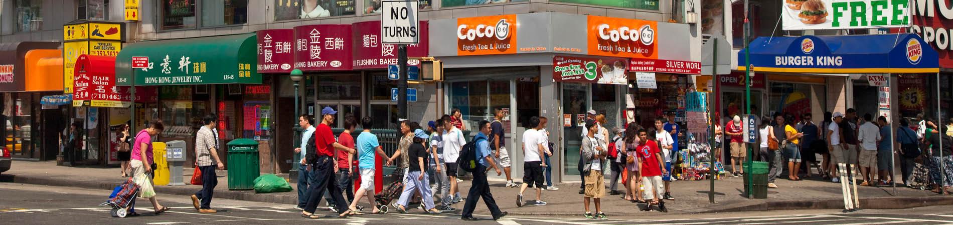 A busy street in Flushing, New York. 