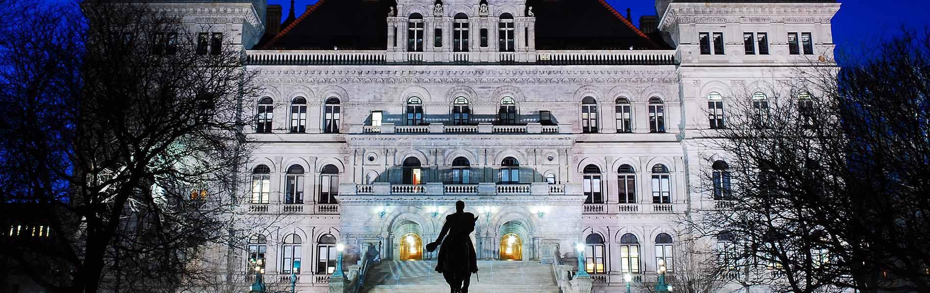 New York State Capitol Building at night. 