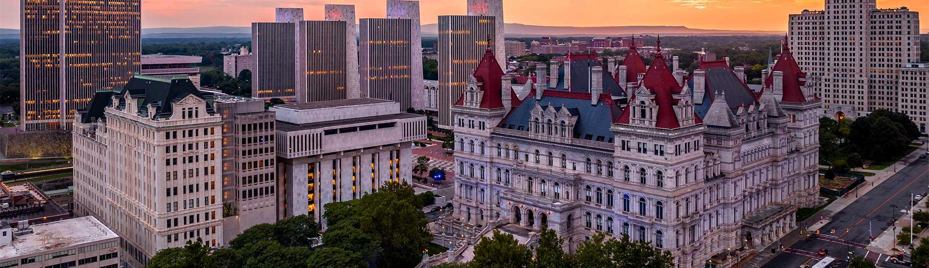 Aerial of NYS Capital and skyline in Albany
